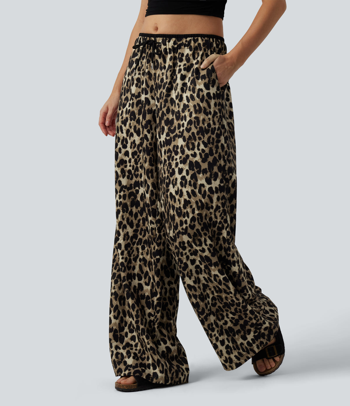 Low Rise Drawsting Wide Leg Leopard Print Casual Trousers with Pockets — Black Coffee Leopard Print — view 3