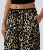 Low Rise Drawsting Wide Leg Leopard Print Casual Trousers with Pockets — Black Coffee Leopard Print — view 4