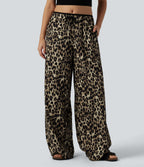 Low Rise Drawsting Wide Leg Leopard Print Casual Trousers with Pockets — Black Coffee Leopard Print — view 1
