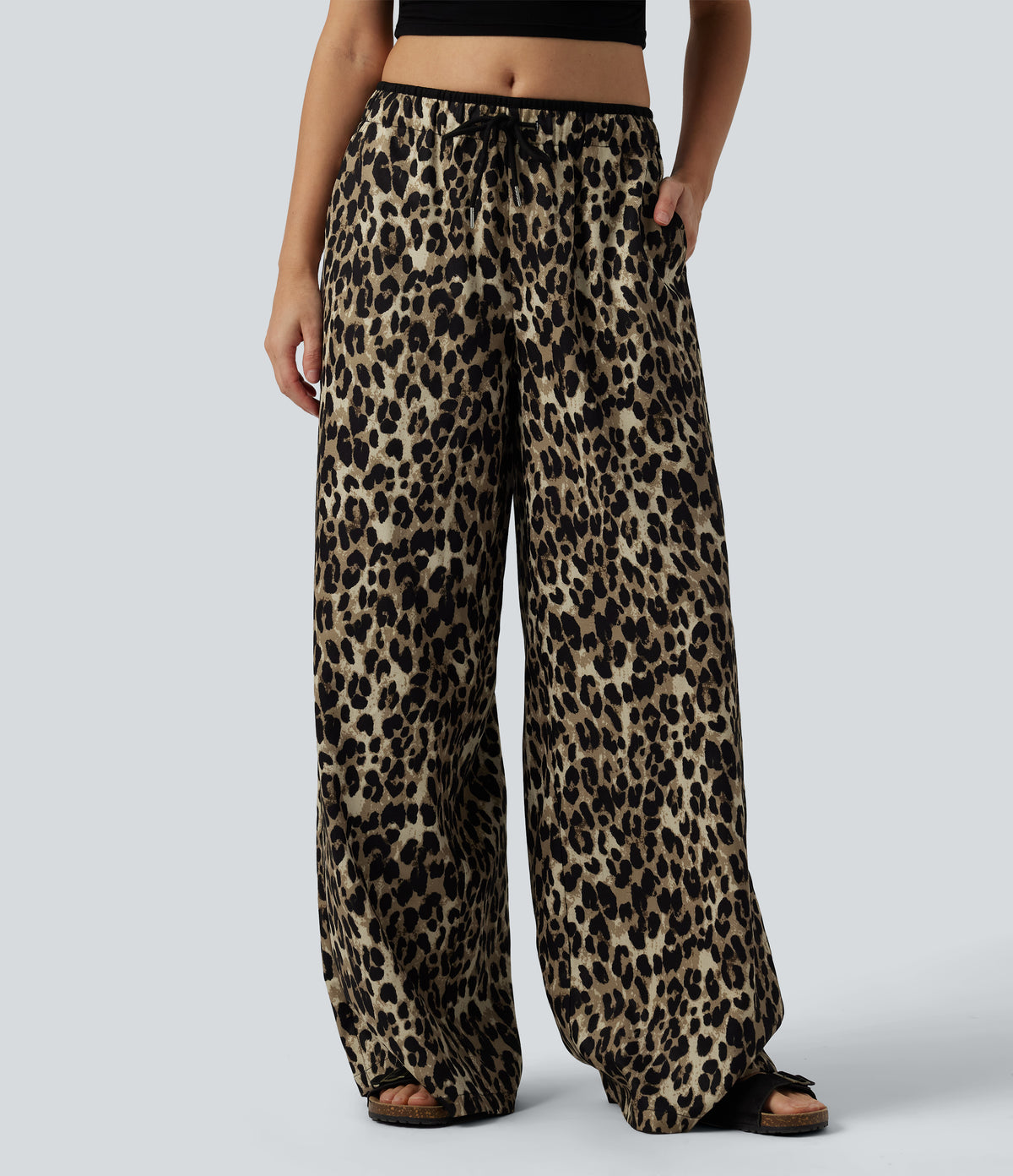 Low Rise Drawsting Wide Leg Leopard Print Casual Trousers with Pockets — Black Coffee Leopard Print — view 1