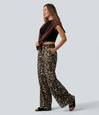 Low Rise Drawsting Wide Leg Leopard Print Casual Trousers with Pockets — Black Coffee Leopard Print — view 5