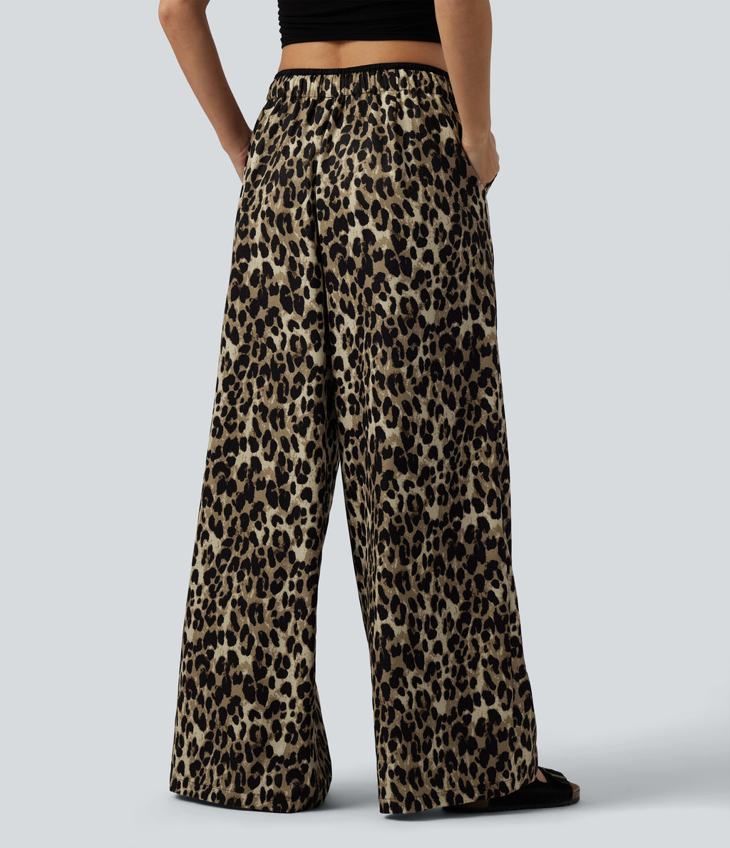 Low Rise Drawsting Wide Leg Leopard Print Casual Trousers with Pockets — Black Coffee Leopard Print — view 2