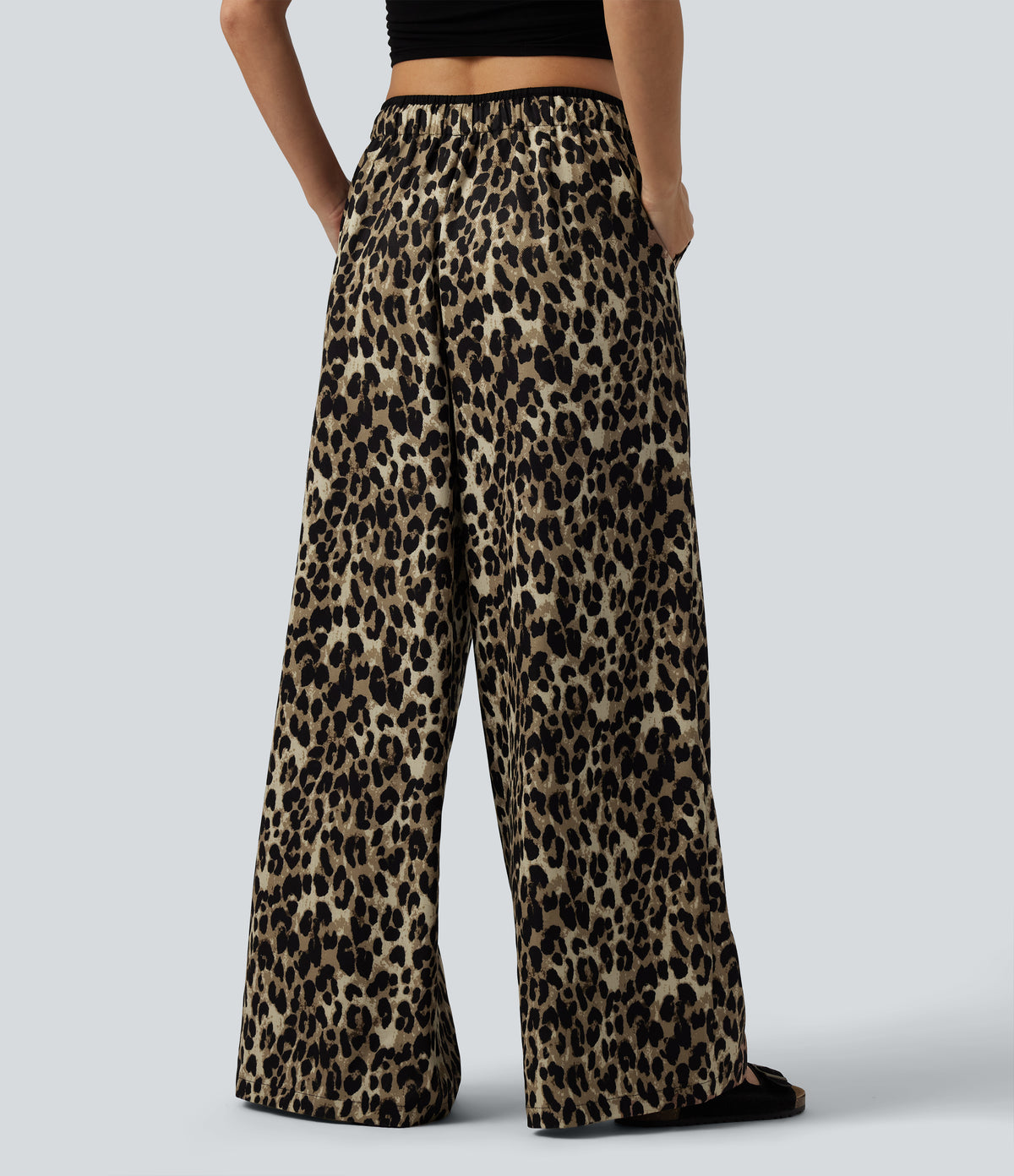 Low Rise Drawsting Wide Leg Leopard Print Casual Trousers with Pockets — Black Coffee Leopard Print — view 2