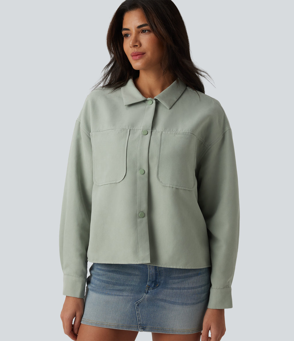 Long Sleeve Casual Jacket with Pockets — Laurel Green — view 5