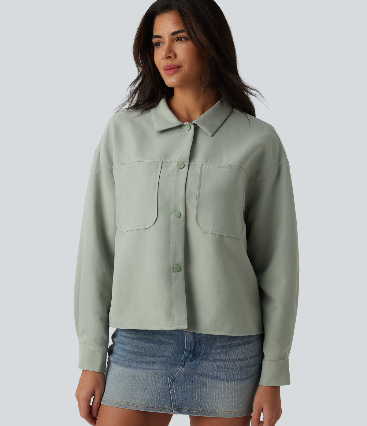 Long Sleeve Casual Jacket with Pockets — Laurel Green — view 5