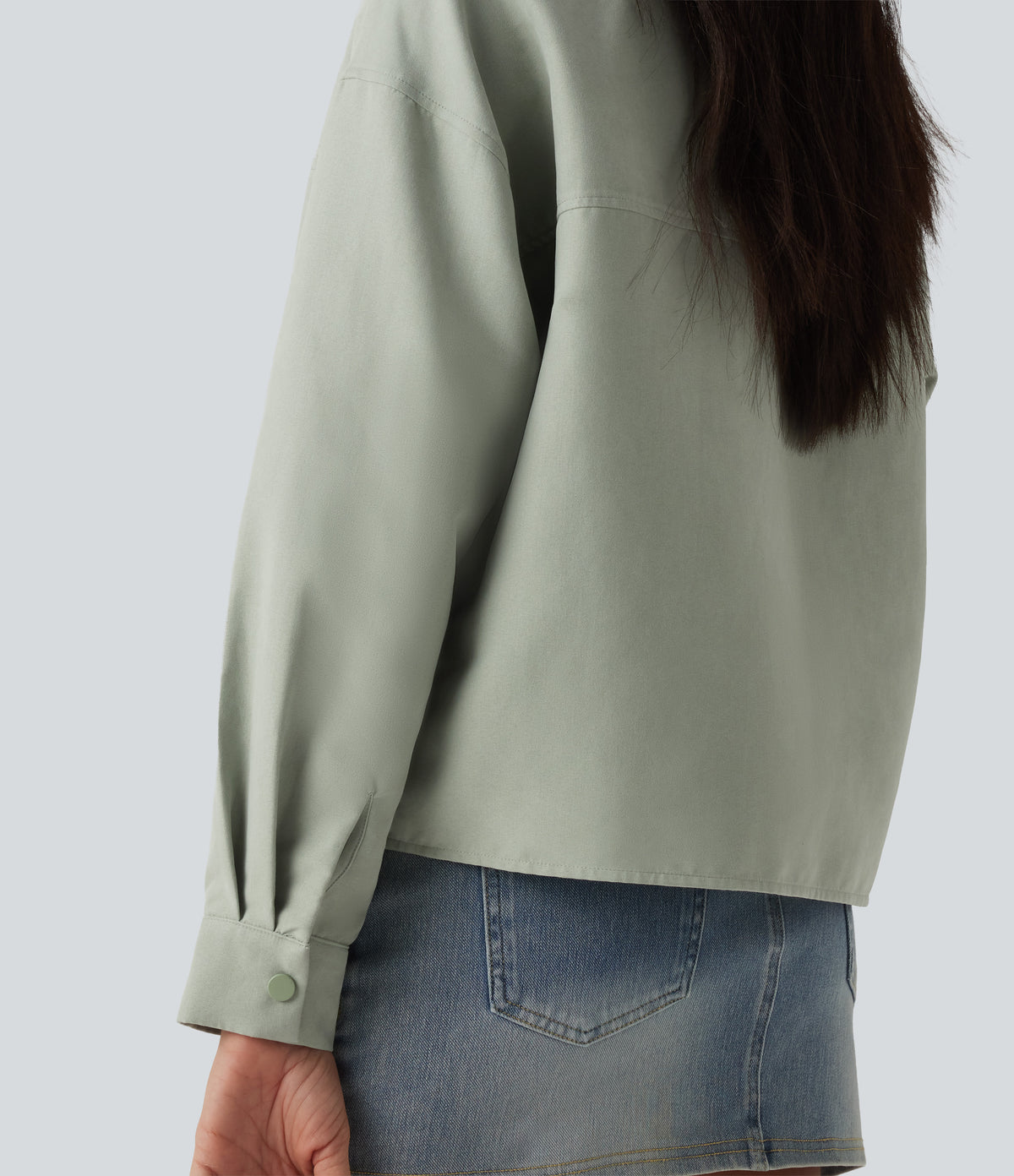 Long Sleeve Casual Jacket with Pockets — Laurel Green — view 6