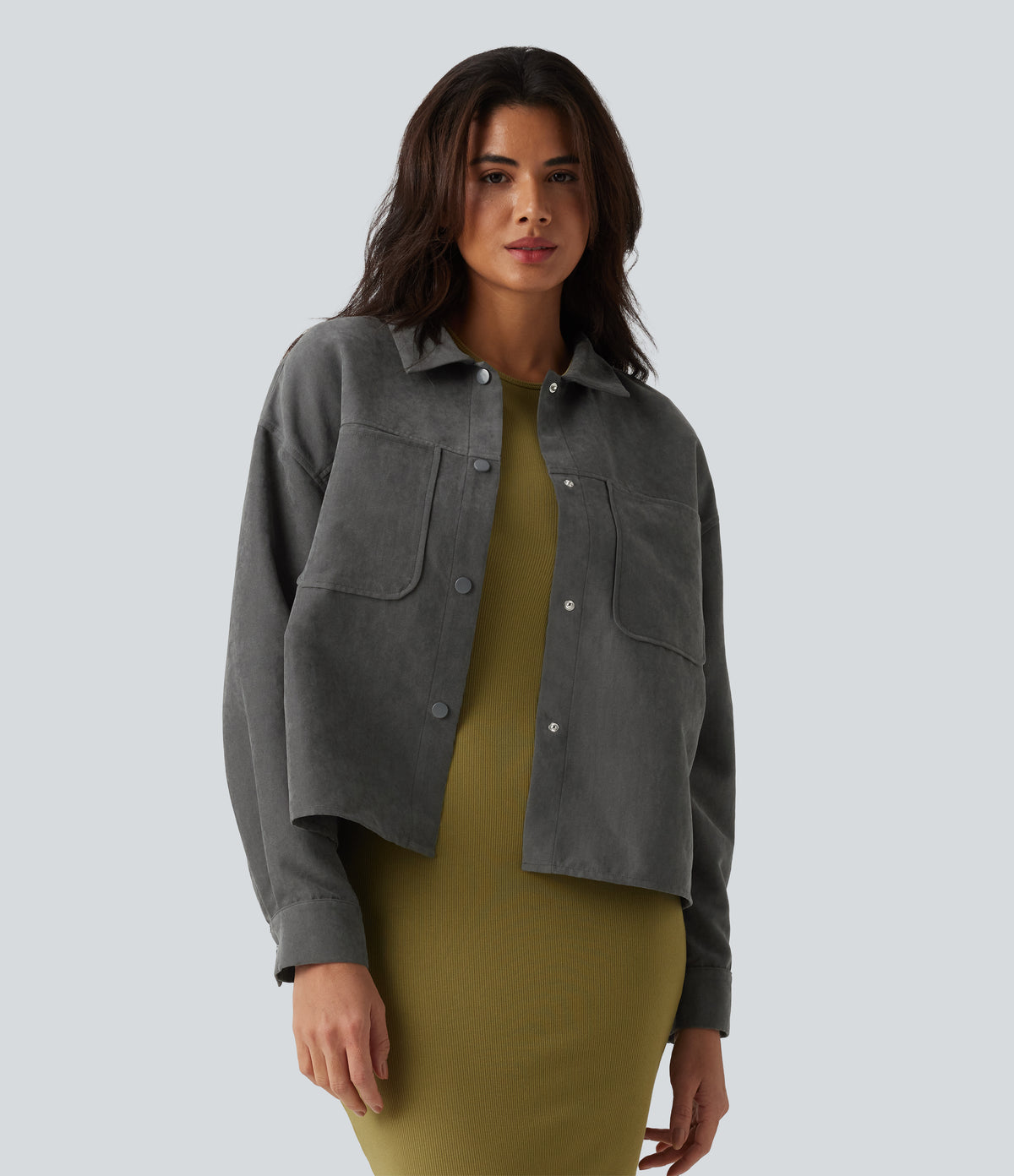 Long Sleeve Casual Jacket with Pockets — Dark Grey — view 9