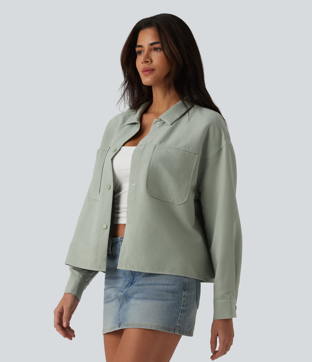 Long Sleeve Casual Jacket with Pockets — Laurel Green — view 3