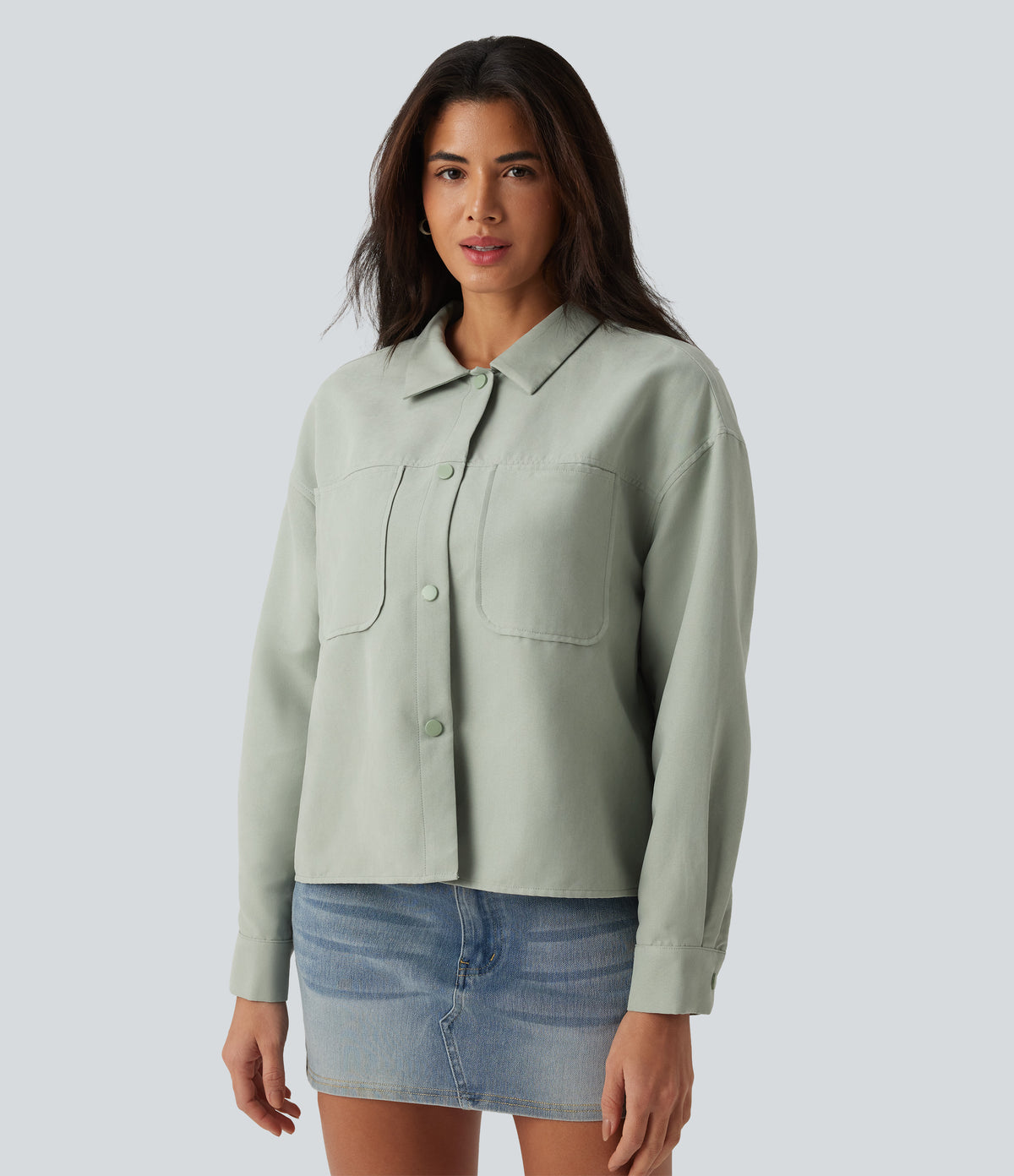 Long Sleeve Casual Jacket with Pockets — Laurel Green — view 4
