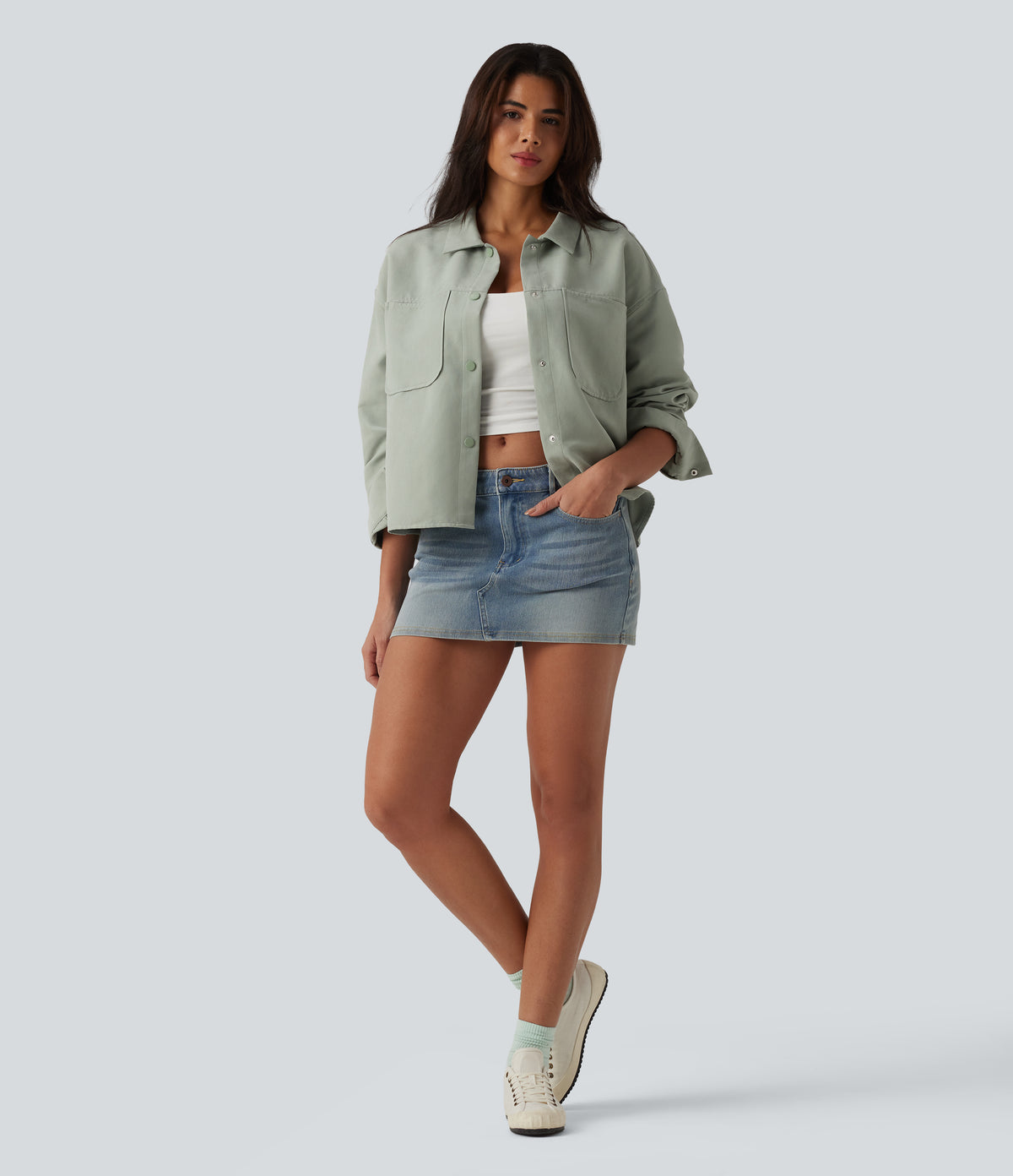 Long Sleeve Casual Jacket with Pockets — Laurel Green — view 7