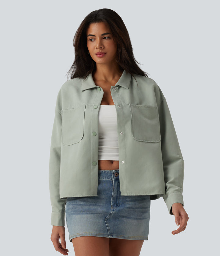 Long Sleeve Casual Jacket with Pockets — Laurel Green — view 1