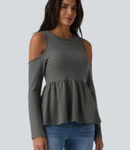 Round Neck Cut Out Long Sleeve Ruffle Hem Waffle Casual T-Shirt — Gray Matter — view 4