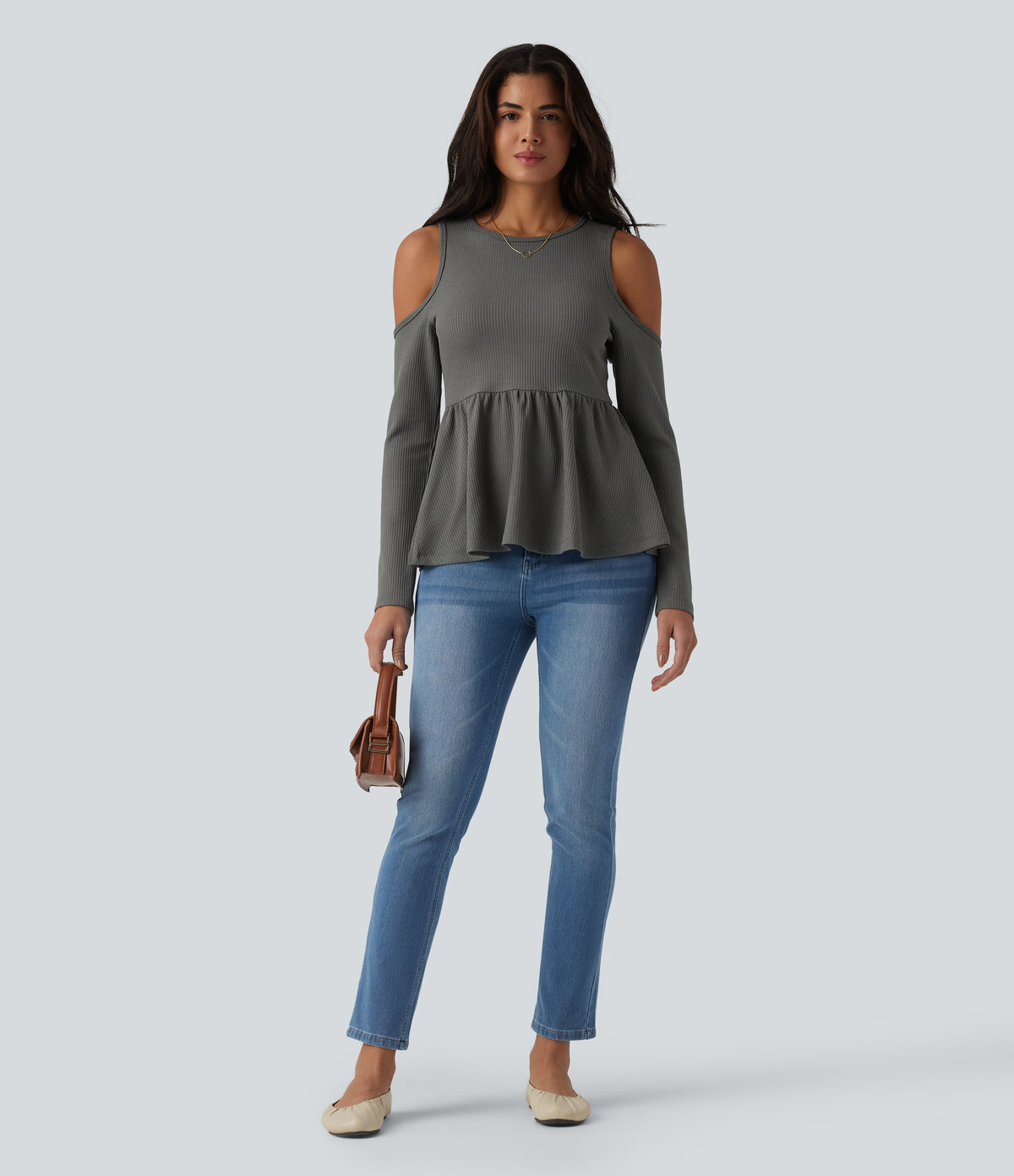 Round Neck Cut Out Long Sleeve Ruffle Hem Waffle Casual T-Shirt — Gray Matter — view 5