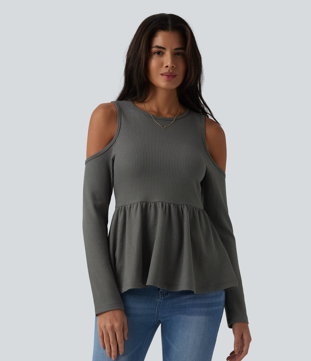 Round Neck Cut Out Long Sleeve Ruffle Hem Waffle Casual T-Shirt — Gray Matter — view 1