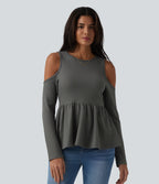 Round Neck Cut Out Long Sleeve Ruffle Hem Waffle Casual T-Shirt — Gray Matter — view 1