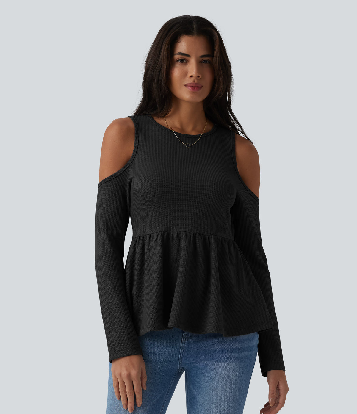 Round Neck Cut Out Long Sleeve Ruffle Hem Waffle Casual T-Shirt — Black — view 6