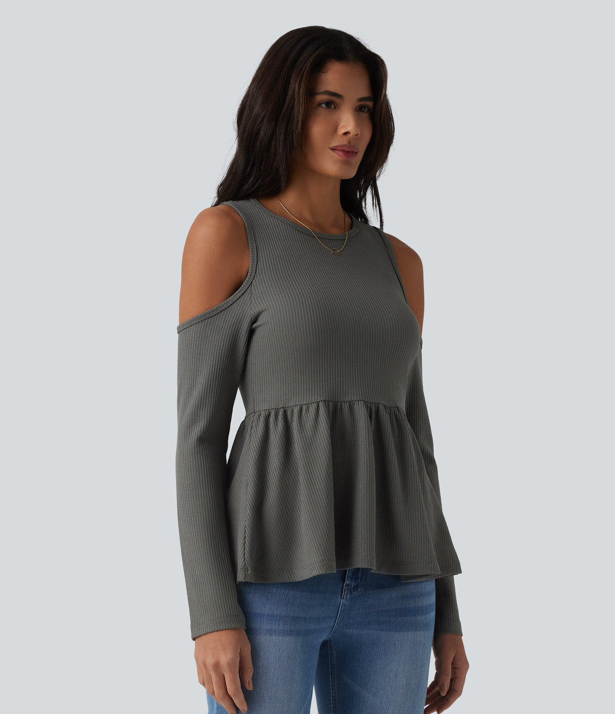 Round Neck Cut Out Long Sleeve Ruffle Hem Waffle Casual T-Shirt — Gray Matter — view 3