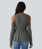 Round Neck Cut Out Long Sleeve Ruffle Hem Waffle Casual T-Shirt — Gray Matter — view 2