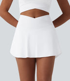 High Waisted Crossover 2-in-1 Mini Pickleball Skirt with Pockets — White — view 1