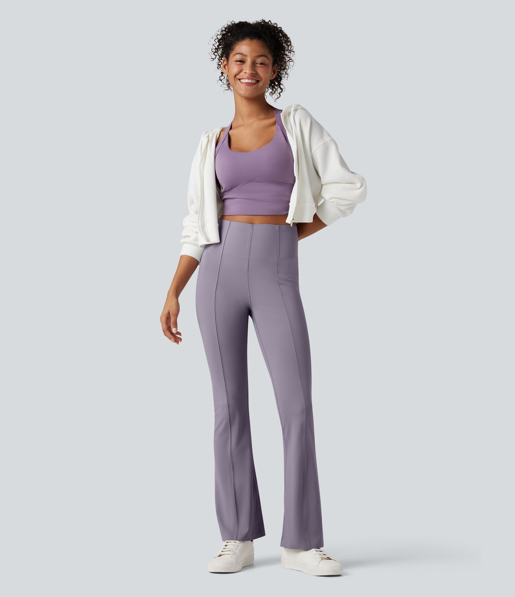 High Waisted Tummy Control Bootcut Casual Trousers with Pocket — Purple Ash — view 7