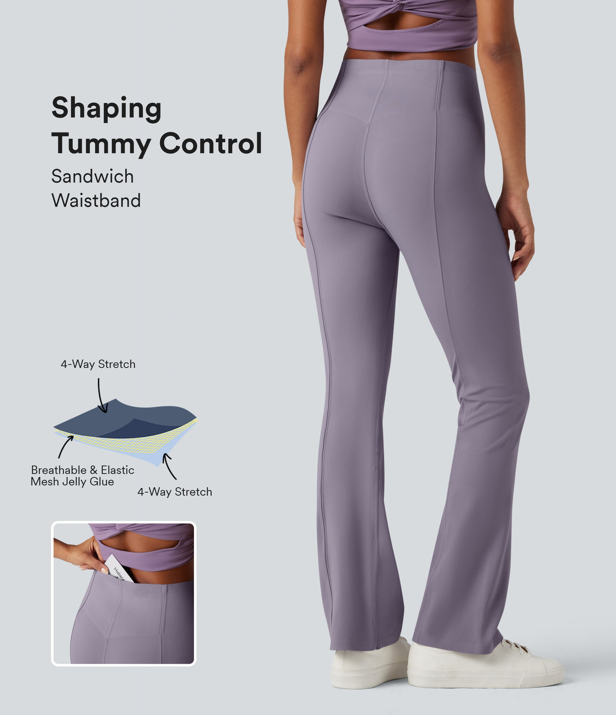 High Waisted Tummy Control Bootcut Casual Trousers with Pocket — Purple Ash — view 1