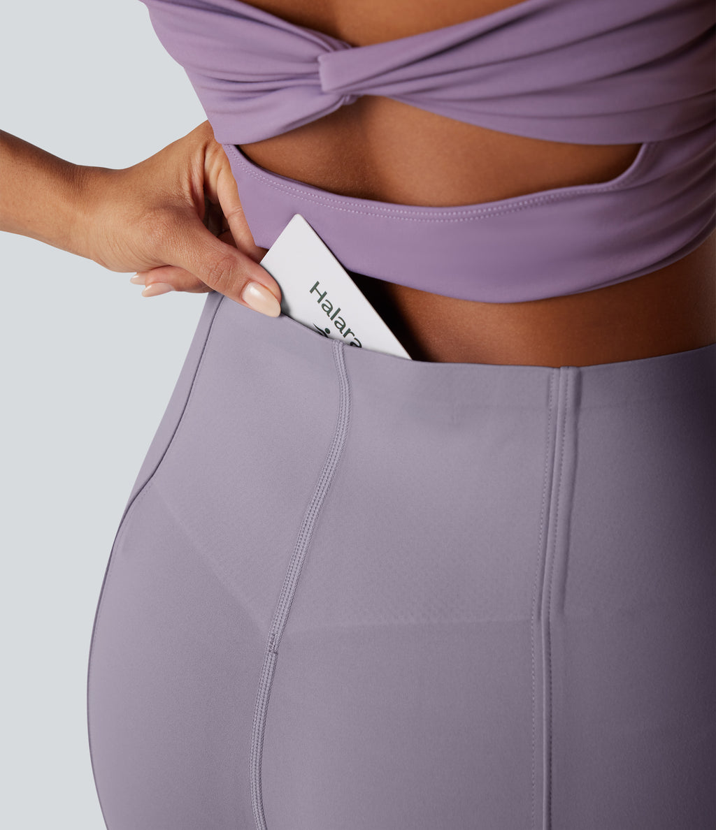 High Waisted Tummy Control Bootcut Casual Trousers with Pocket — Purple Ash — view 4