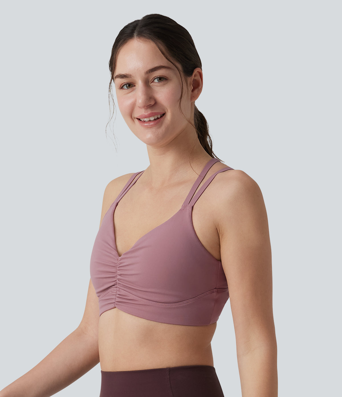 Low Support Crisscross Backless Adjustable Straps Ruched Built-in Bra InstantCool Quick Dry Yoga Sports Bra UPF50+ — Nostalgia Rose — view 3