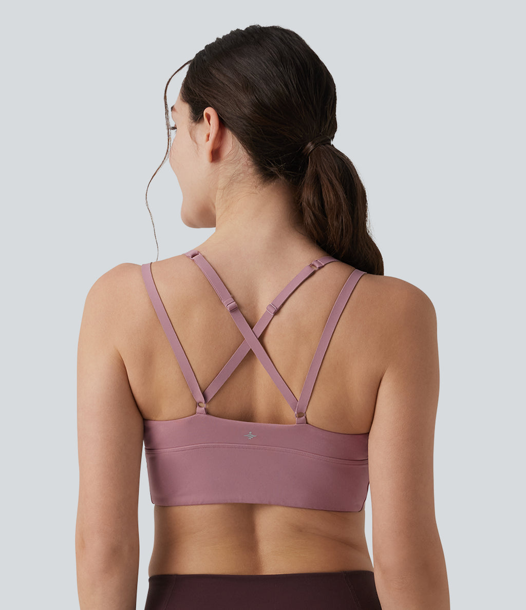 Low Support Crisscross Backless Adjustable Straps Ruched Built-in Bra InstantCool Quick Dry Yoga Sports Bra UPF50+ — Nostalgia Rose — view 4