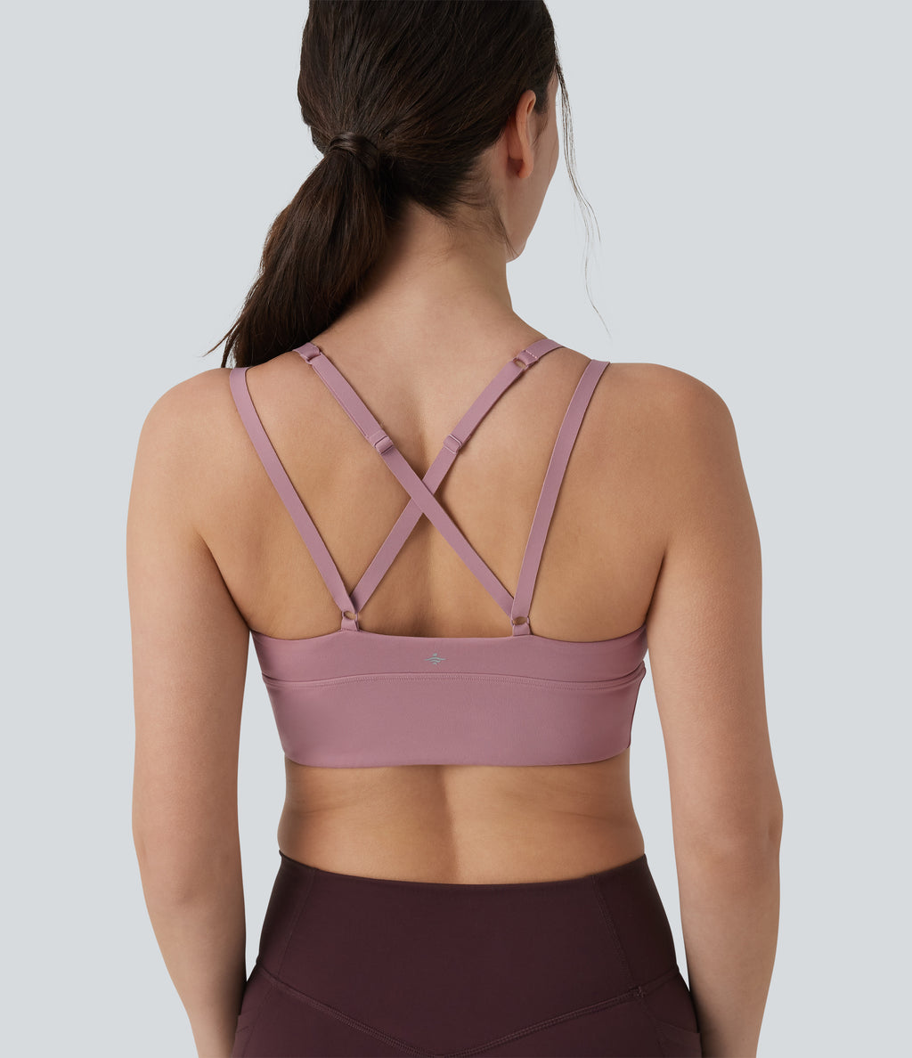 Low Support Crisscross Backless Adjustable Straps Ruched Built-in Bra InstantCool Quick Dry Yoga Sports Bra UPF50+ — Nostalgia Rose — view 2