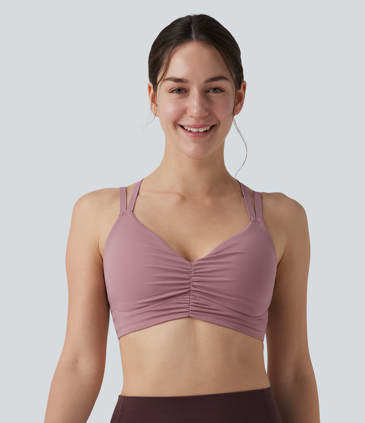 Low Support Crisscross Backless Adjustable Straps Ruched Built-in Bra InstantCool Quick Dry Yoga Sports Bra UPF50+ — Nostalgia Rose — view 1