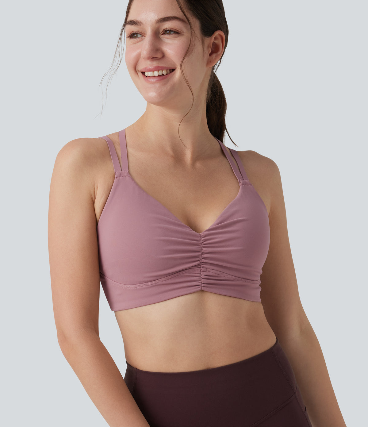 Low Support Crisscross Backless Adjustable Straps Ruched Built-in Bra InstantCool Quick Dry Yoga Sports Bra UPF50+ — Nostalgia Rose — view 5