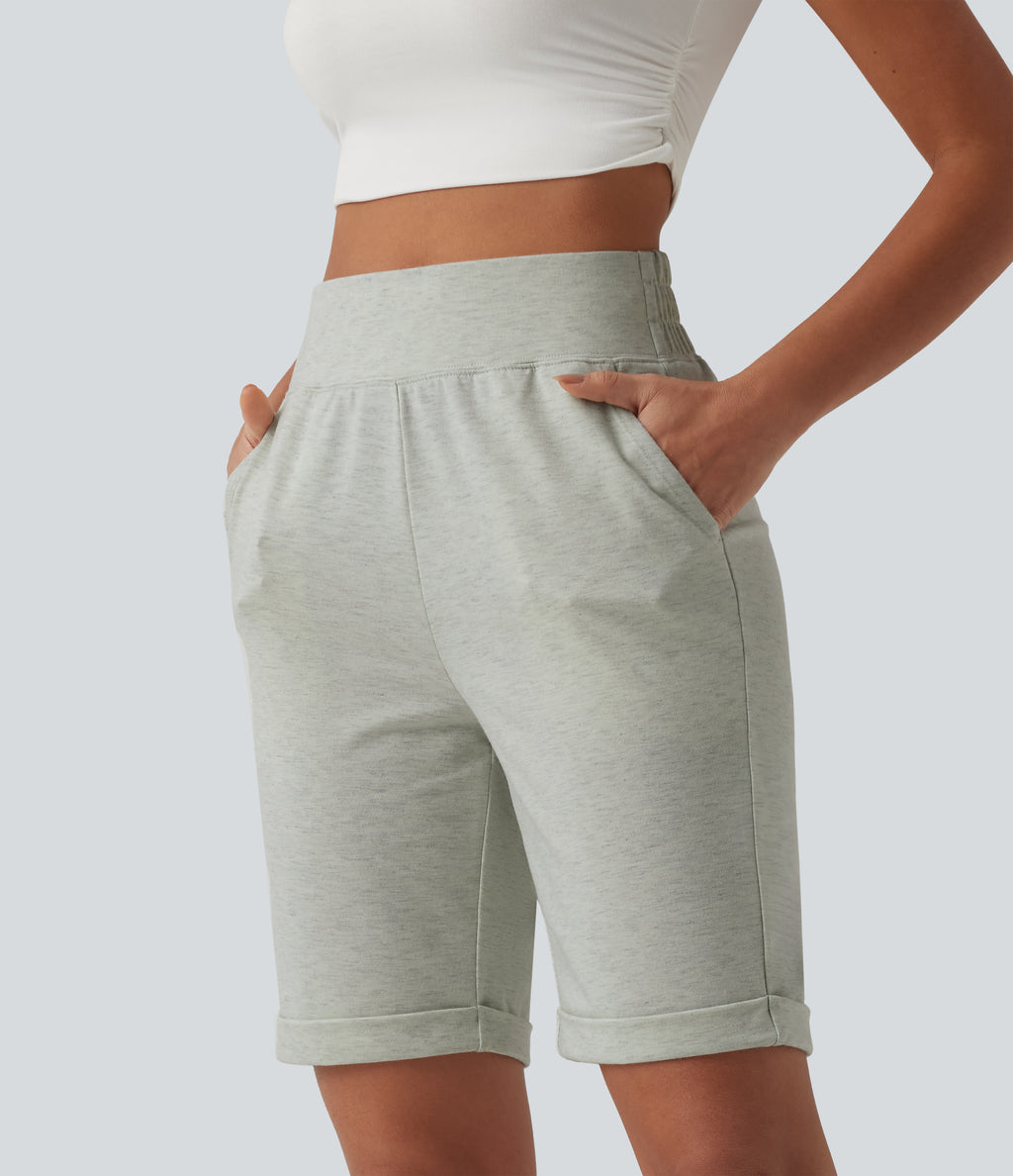 High Waisted Rolled Hem Casual Sweat Shorts with Pockets — Almond Cloud — view 3