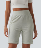 High Waisted Rolled Hem Casual Sweat Shorts with Pockets — Almond Cloud — view 1