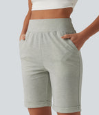 High Waisted Rolled Hem Casual Sweat Shorts with Pockets — Almond Cloud — view 5