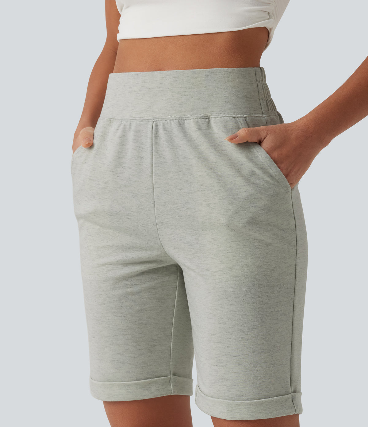 High Waisted Rolled Hem Casual Sweat Shorts with Pockets — Almond Cloud — view 5