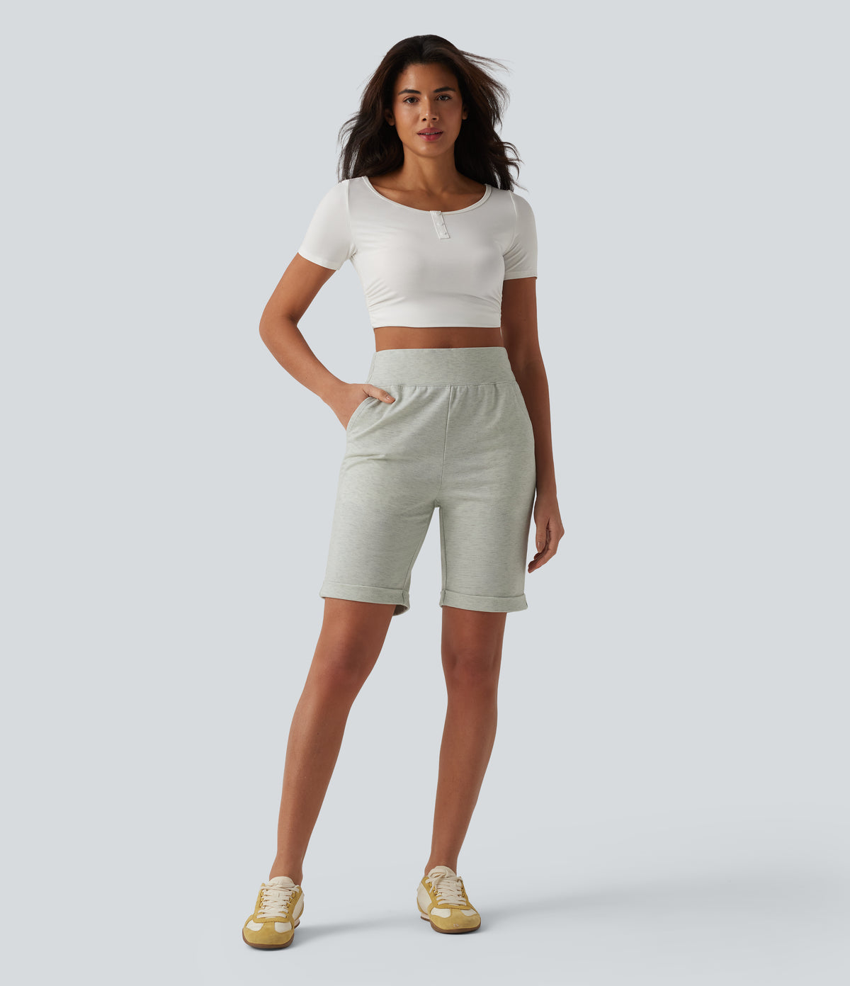 High Waisted Rolled Hem Casual Sweat Shorts with Pockets — Almond Cloud — view 6