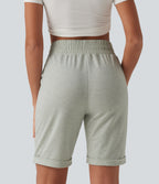 High Waisted Rolled Hem Casual Sweat Shorts with Pockets — Almond Cloud — view 2