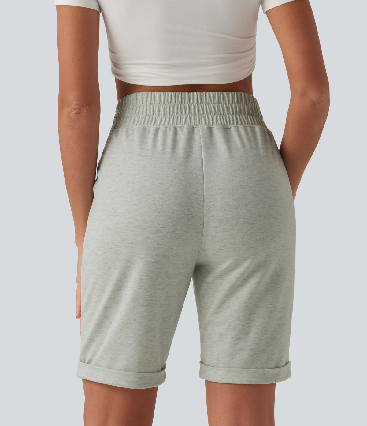 High Waisted Rolled Hem Casual Sweat Shorts with Pockets — Almond Cloud — view 2