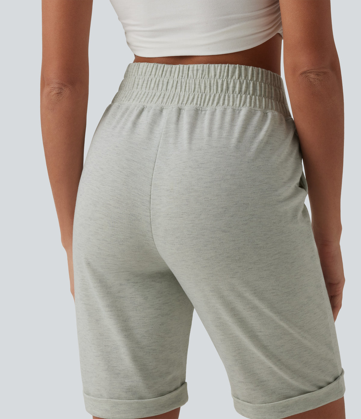 High Waisted Rolled Hem Casual Sweat Shorts with Pockets — Almond Cloud — view 4