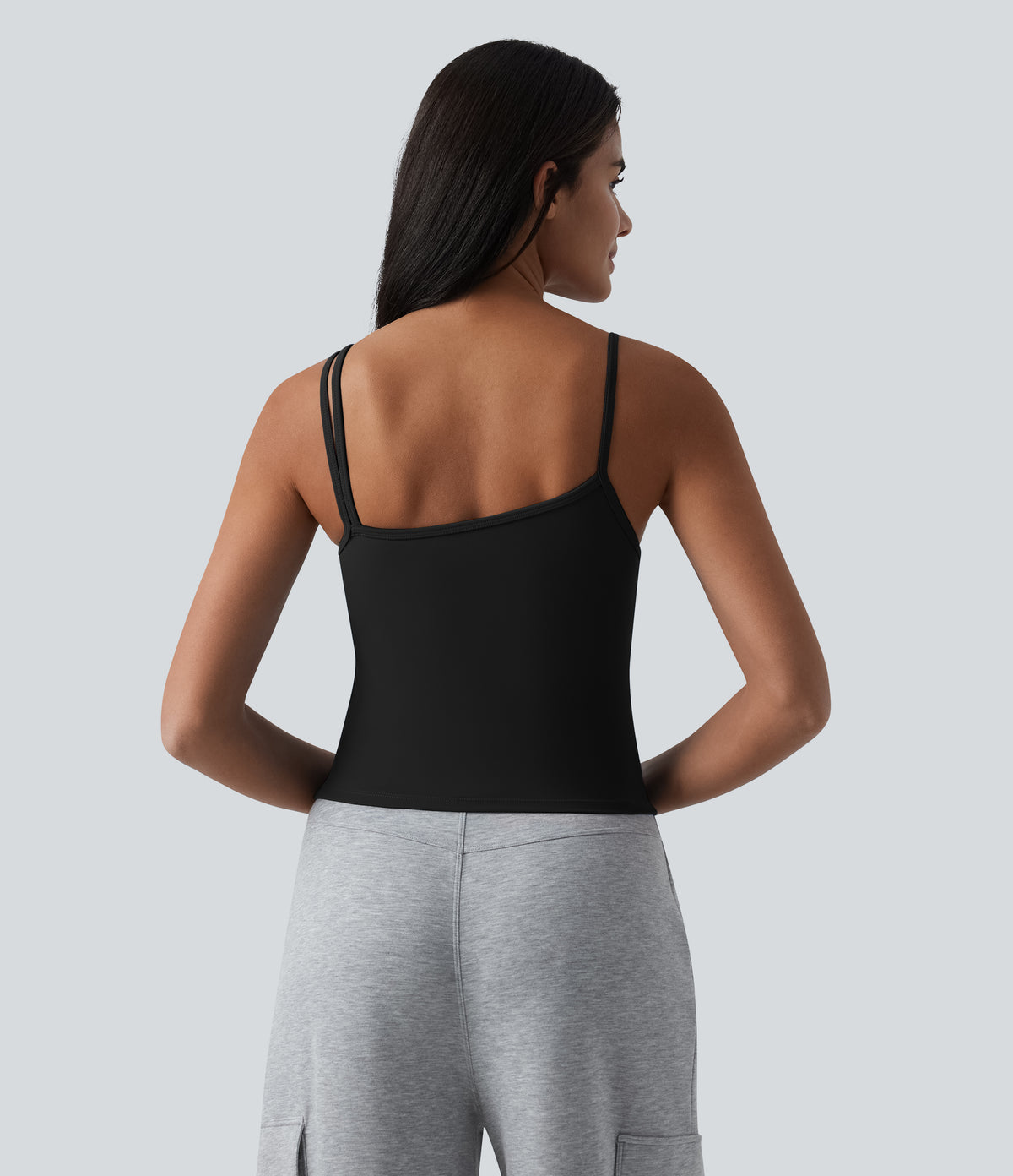 Plush Asymmetric Neck Built-in Bra Casual Tank Top — Black — view 6
