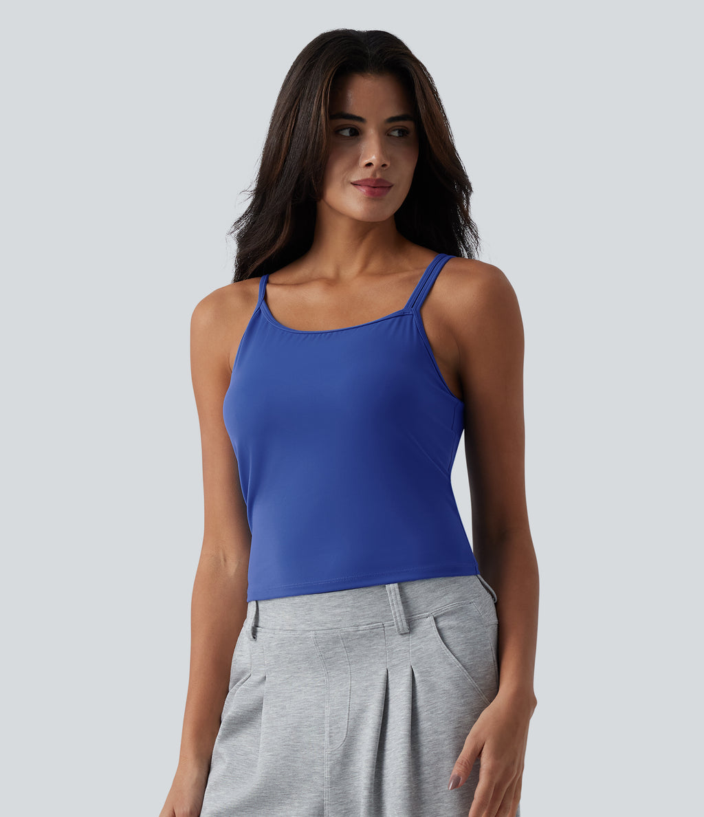 Plush Asymmetric Neck Built-in Bra Casual Tank Top — Lotus Blue — view 3