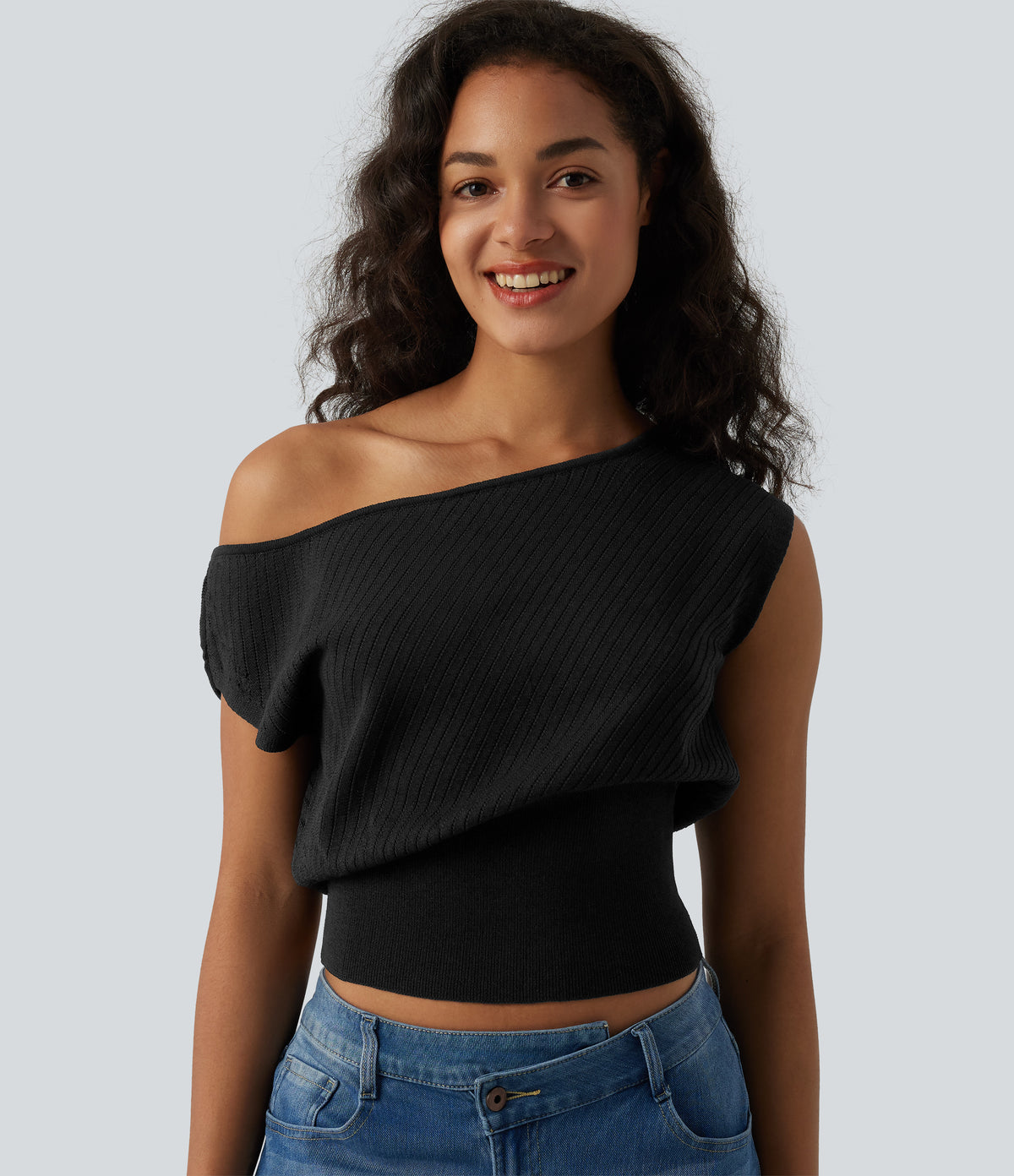One-shoulder Short Sleeve Casual Jumper — Black — view 6