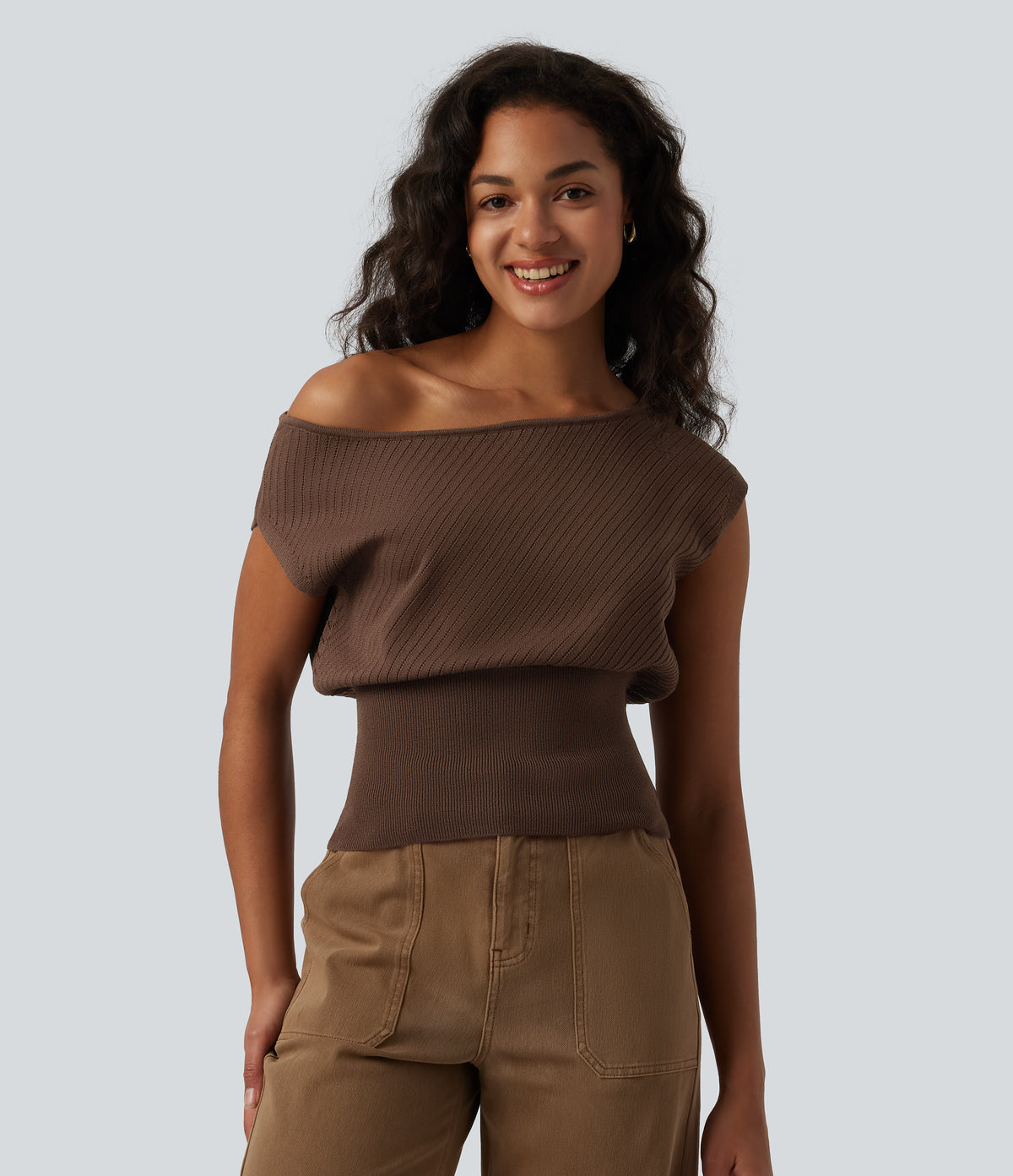One-shoulder Short Sleeve Casual Jumper — Soft Silt — view 4