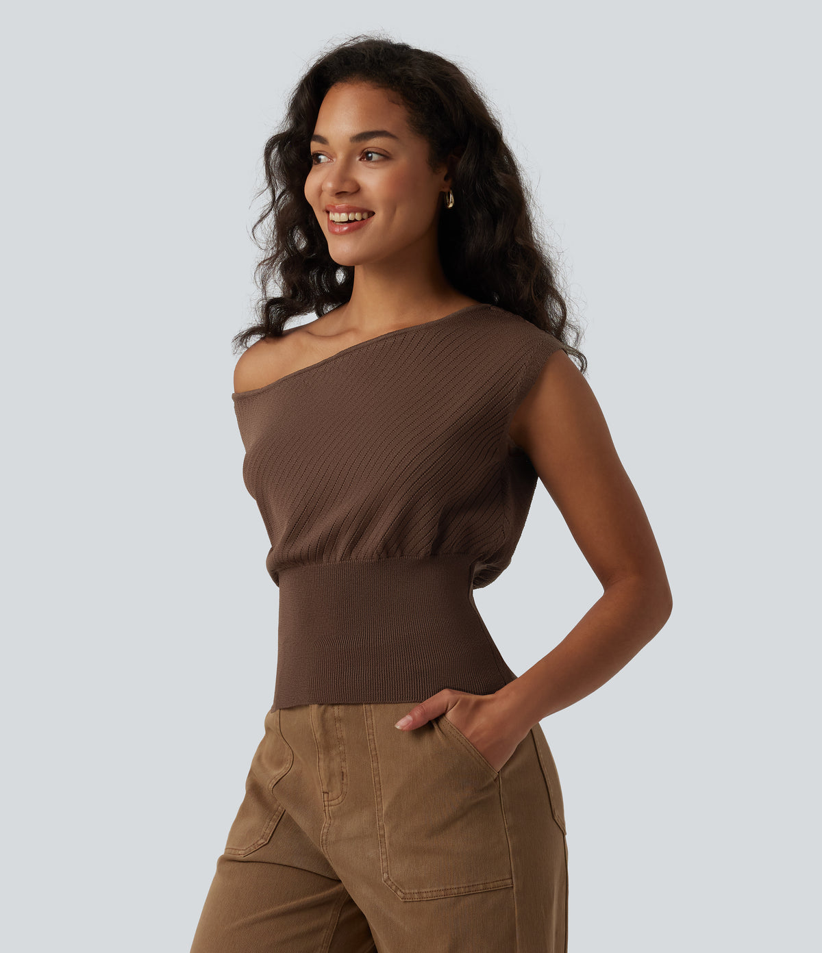 One-shoulder Short Sleeve Casual Jumper — Soft Silt — view 3
