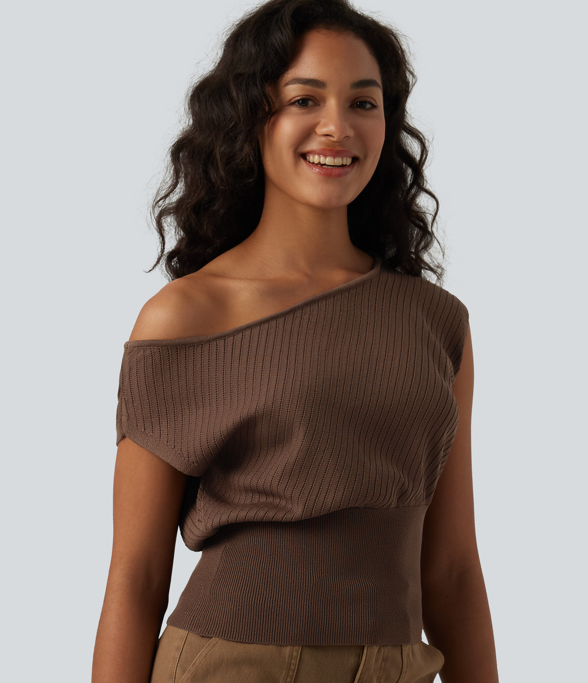 One-shoulder Short Sleeve Casual Jumper — Soft Silt — view 1