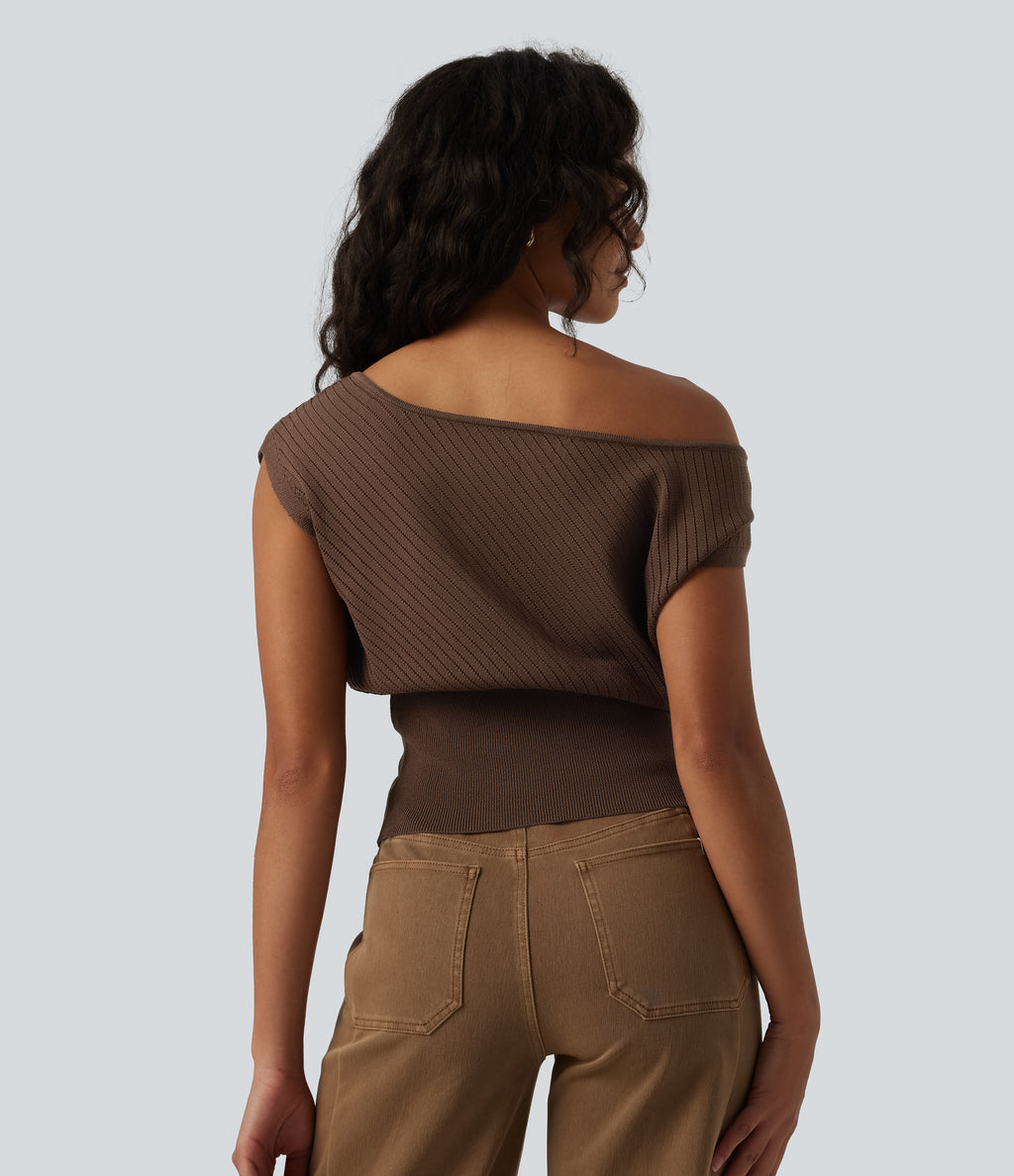 One-shoulder Short Sleeve Casual Jumper — Soft Silt — view 2