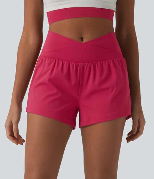 Airy Crossover High Waisted 2-in-1 InstantCool Yoga Shorts 3'' with Pockets — Winterberry — view 1