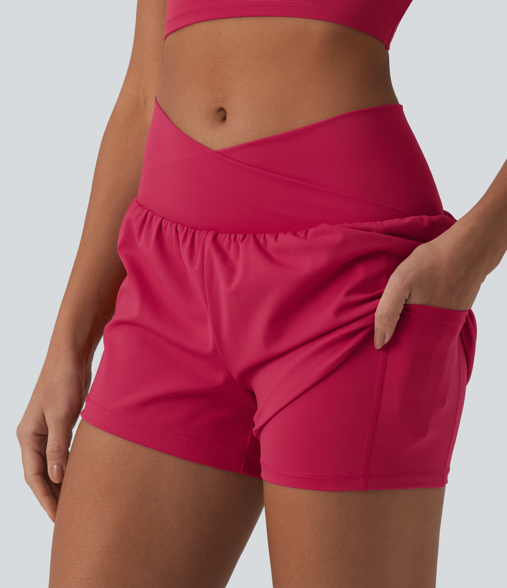 Airy Crossover High Waisted 2-in-1 InstantCool Yoga Shorts 3'' with Pockets — Winterberry — view 7