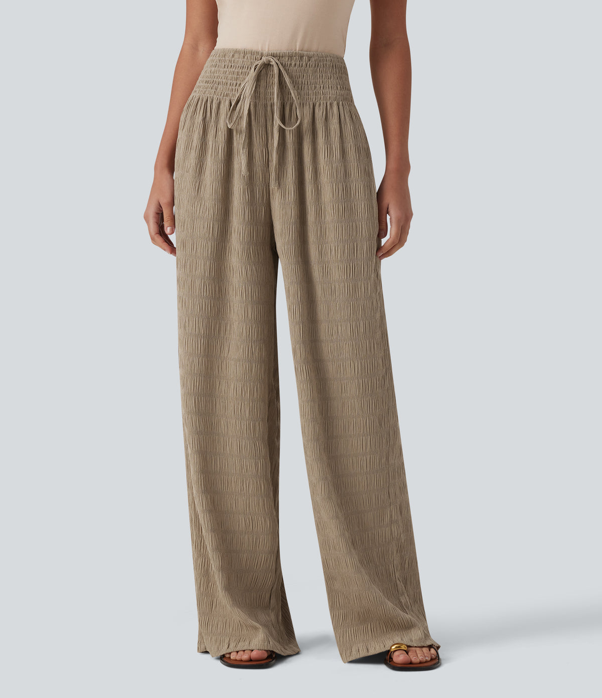Mid Rise Drawstring Texture Resort Baggy Trousers with Pockets — Chinchilla — view 1