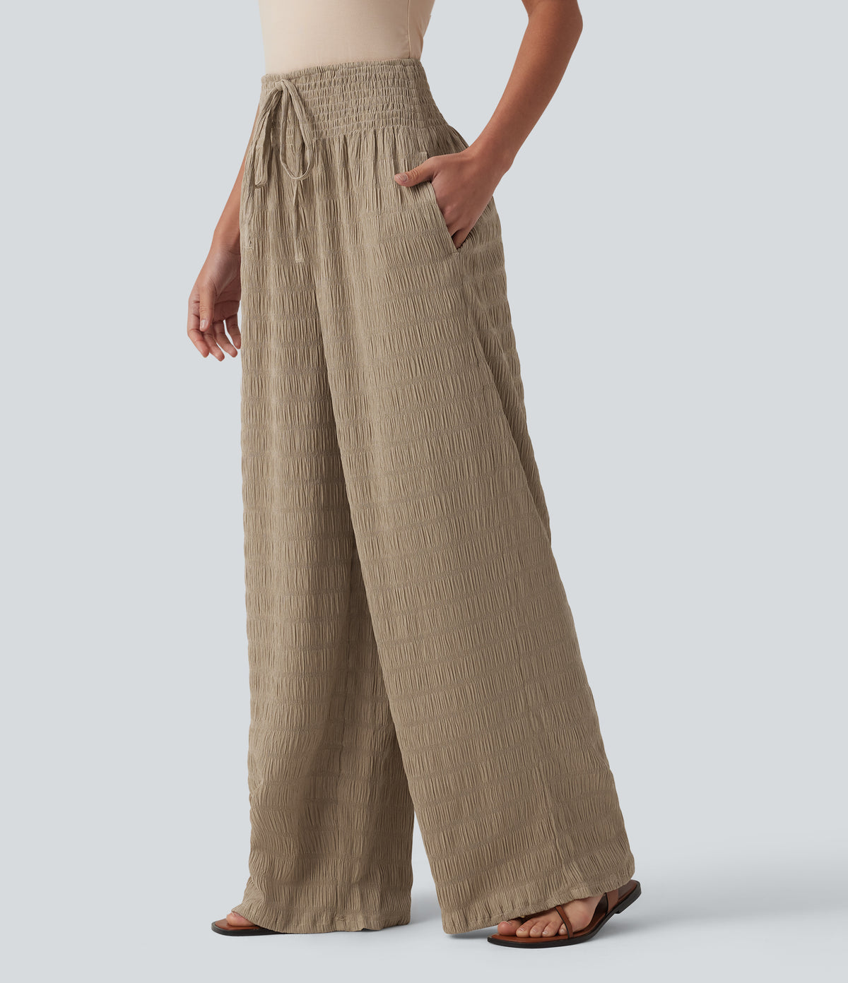 Mid Rise Drawstring Texture Resort Baggy Trousers with Pockets — Chinchilla — view 3